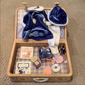 Bitty baby wicker case, Bear and winter outfit